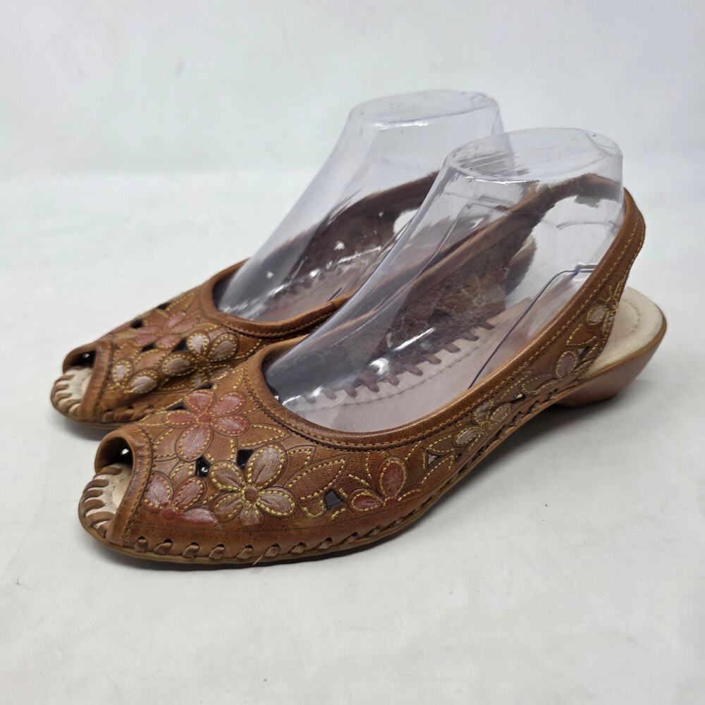 Pikolinos Brown Floral Peep Toe Slingback Wedge Sandals Womens 8.5